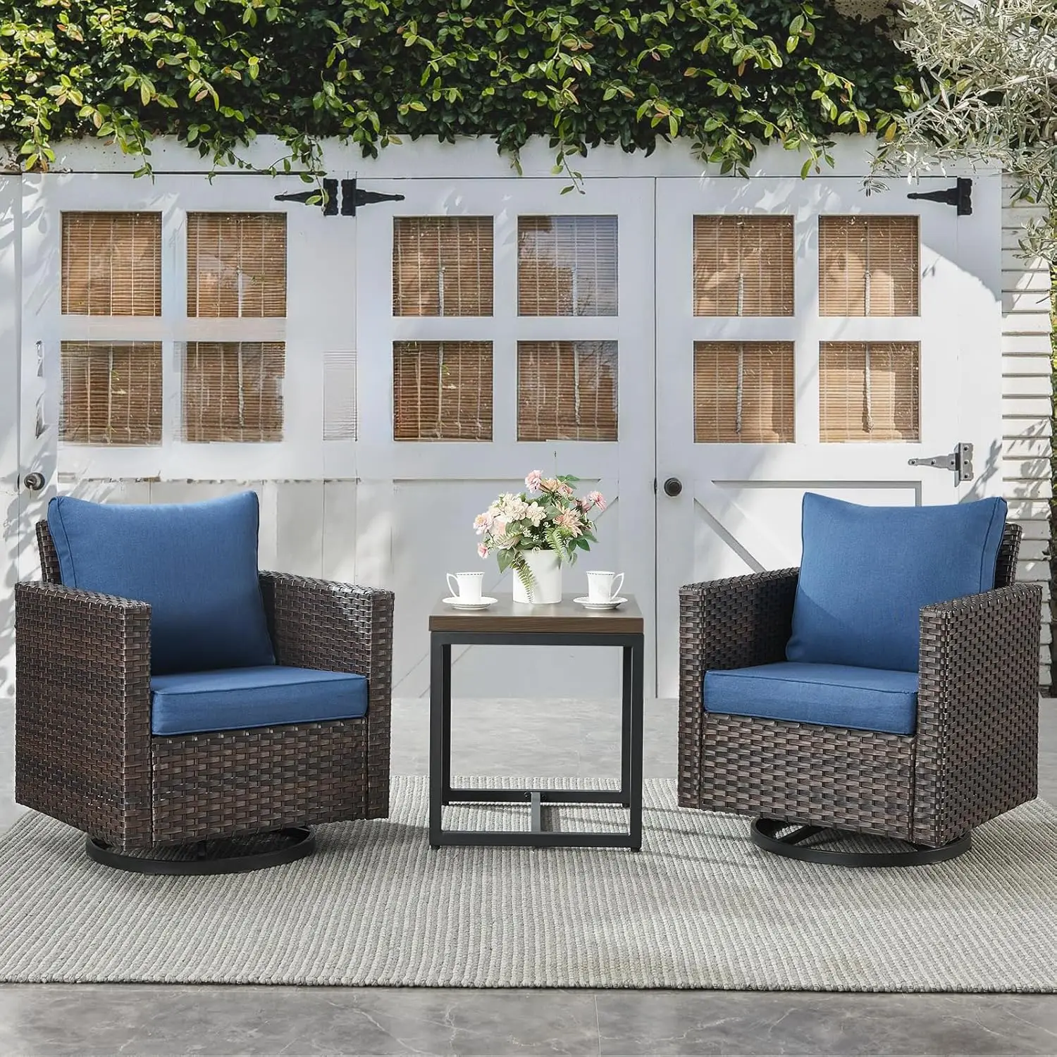 

Outdoor Bistro Set 3 Piece Wicker Swivel Rocker Patio Chairs,Patio Swivel Glider Chairs Wicker Furniture with Metal Side Table