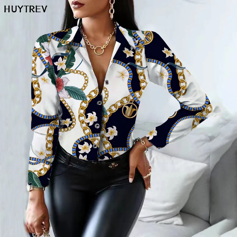 Printed Shirt Women 2022 autumn Elegant Office Ladies Blouse Clothes Fashion Lapel Long Sleeve Buttons Casual Tops For Woman