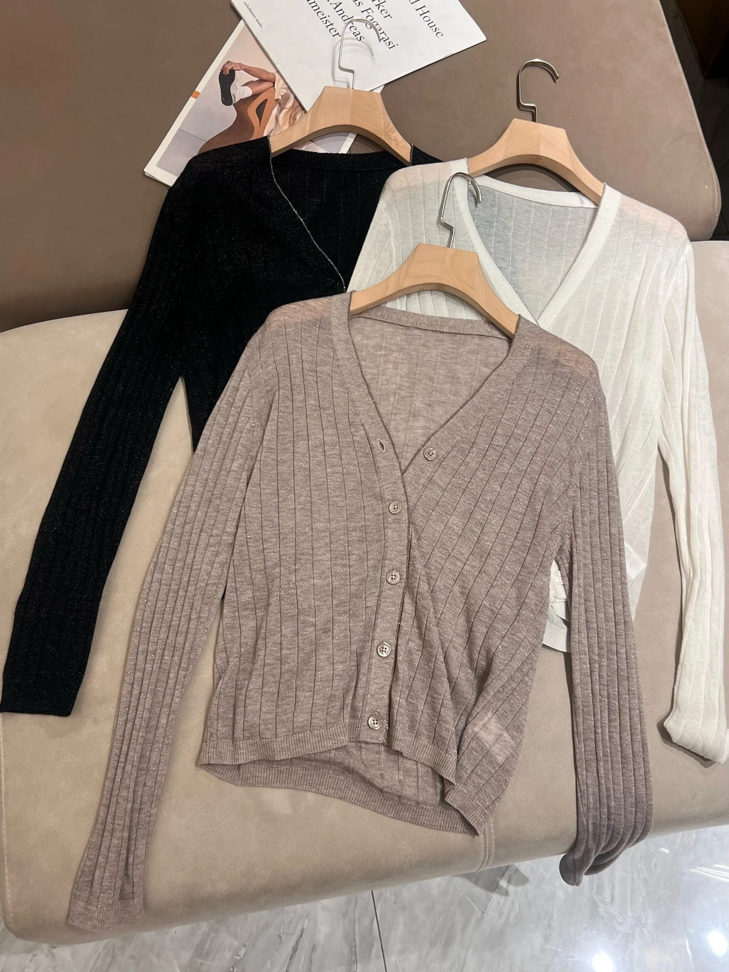 Autumn  Woman's Lightweight Elasticity Sweater Cardigan Wool V-neck Long-sleeved Knitted Top's Female Clothing Bottoming Shirt