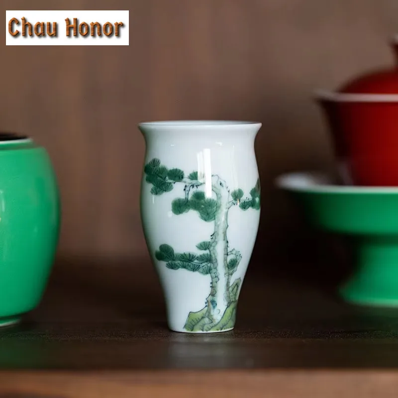 

2pc/lot White Porcelain Hand-painted Pine Tea Cup Ceramic Kung Fu Tea Set Smelling Cup Tea Ceremony Drinkware Accessories 40ml