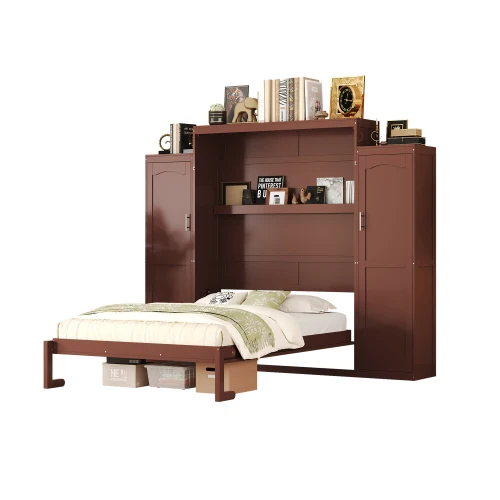 #Modern Bed Solid Pine Wood Full Wall Bed Wardrobe Storage Shelf Foldable Platform Bedframe