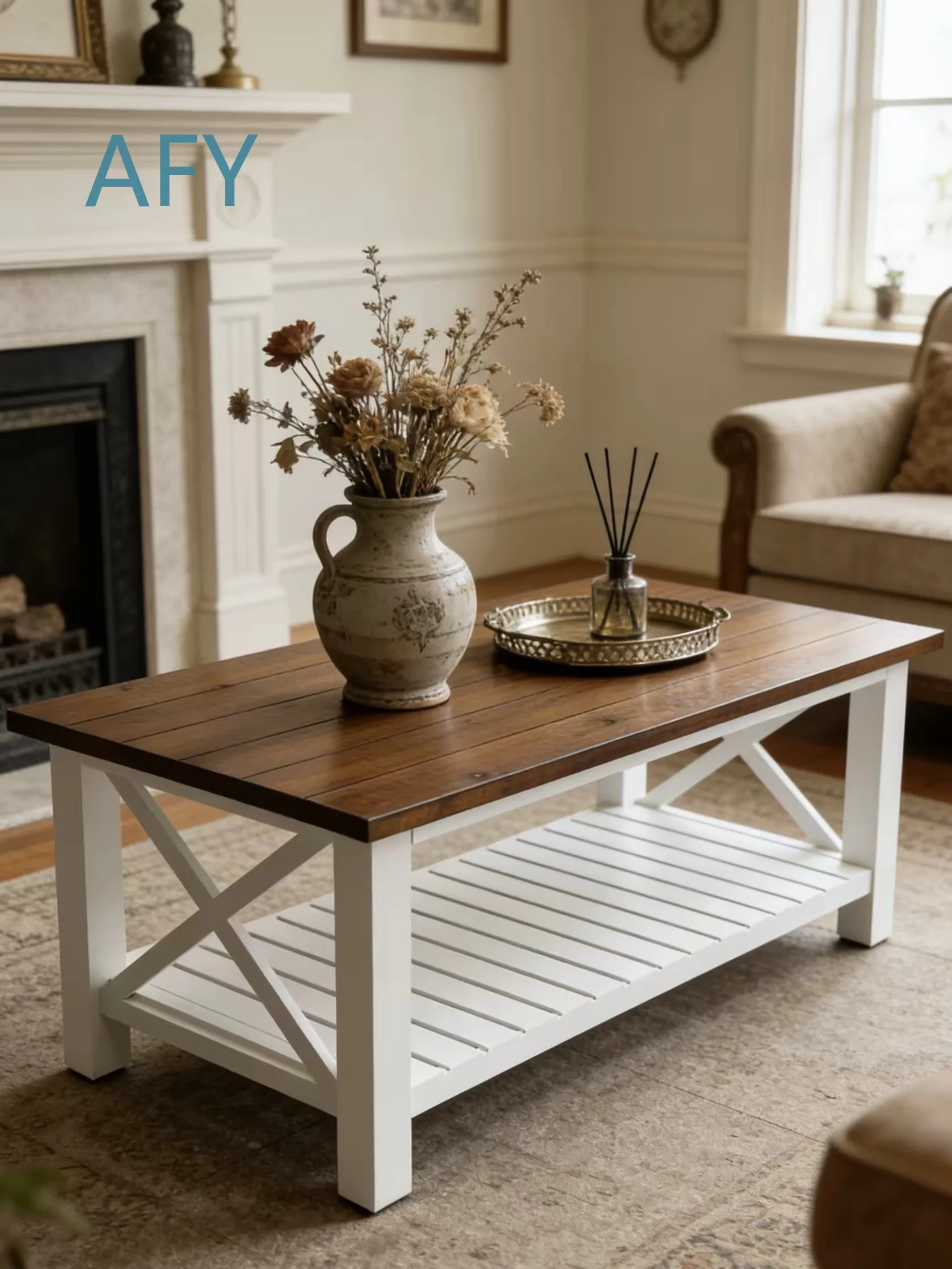 Farmhouse Coffee Table with Storage Shelf for Rustic Living Room Decor Two-Tone Brown White Solid Wood X-Design Coffee Table