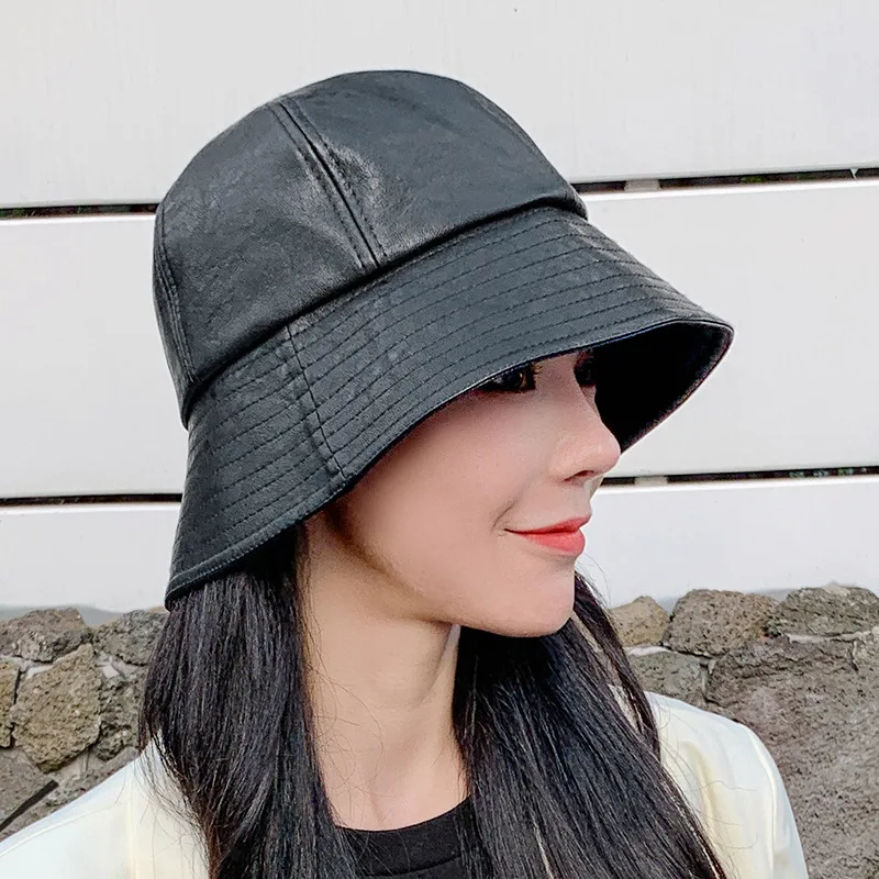 Panama Fisherman\'s Hat Female Japanese Autumn Winter Cap Zipper PU Leather Black Hats Male Spring Shading Bucket Caps Style NEW