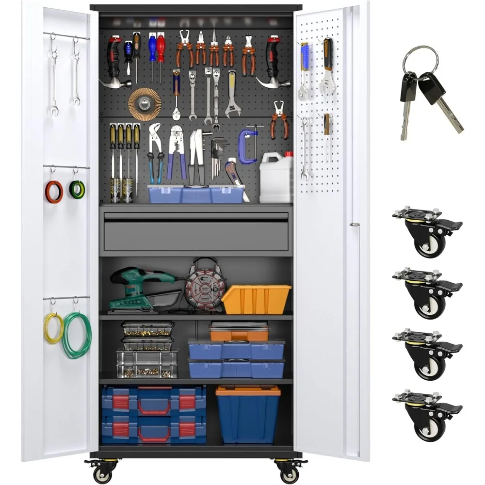 

Garage Storage Cabinet with Wheels, Metal Tool Storage Cabinet with 1 Drawer for Home,Assembly Required, Customized