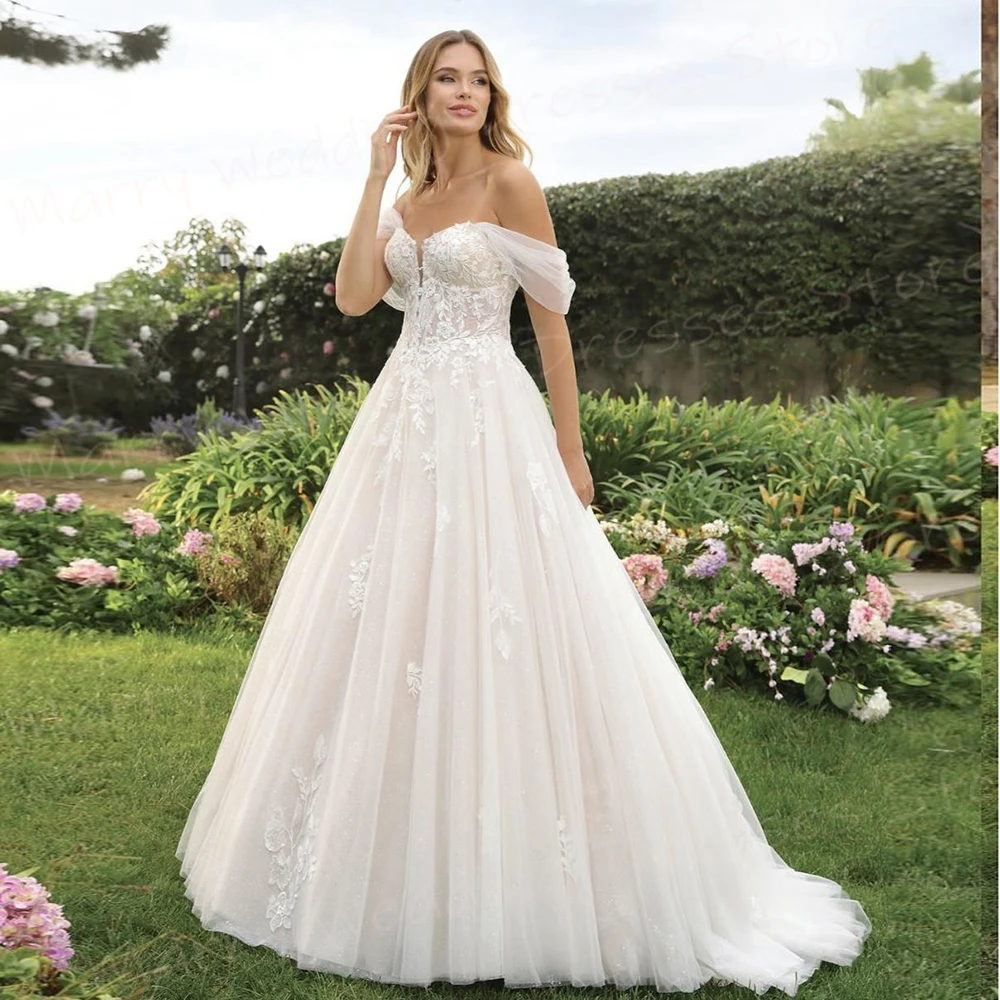 

Boho Romantic A-Line Women's Wedding Dresses Exquisite Lace Appliques Bride Gowns Graceful Off The Shoulder Vestidos Novias Boda