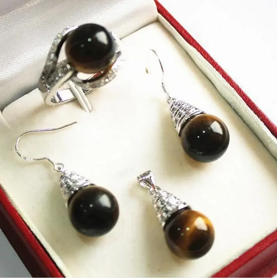 

beautiful new jewelry silver plated + 12mm tiger eye jade pendant earring ring set