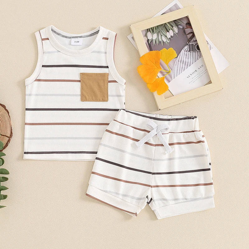 2024-03-13 lioraitiin Toddler Baby Boy Ribbed Outfits Striped Sleeveless Round Neck Tank Tops + Elastic Waist Shorts Summer Set