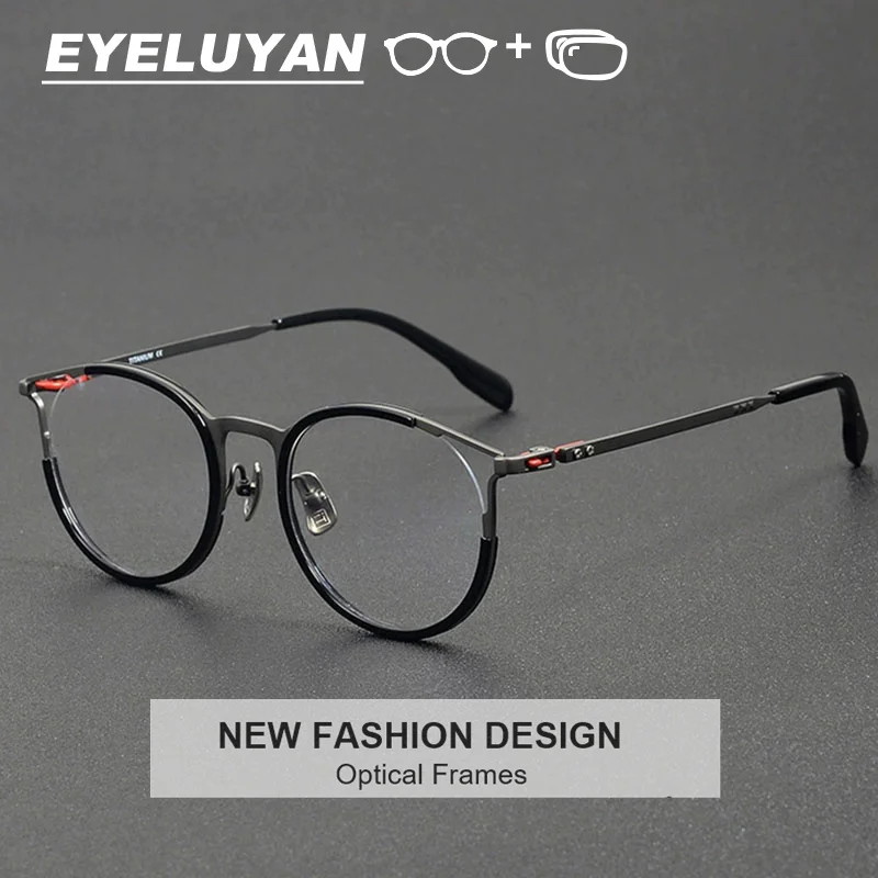 EYELUYAN Vintage Round Eyeglasses Titanium & Acetate Tortoise Shell Design, Anti Blue Light Computer Glasses for Men Women