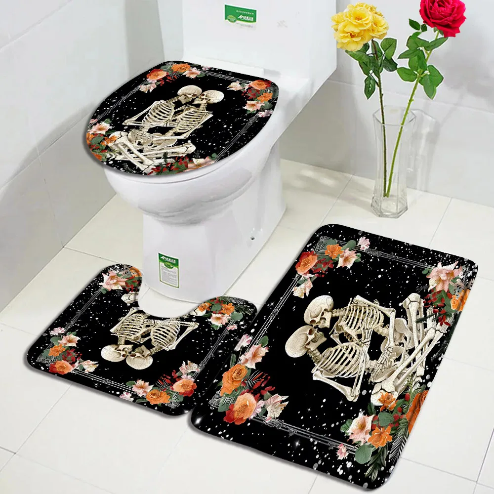 Halloween Bath Mat Set Pumpkin Lights Cute Cat Floral Skull Skeleton Home Carpet Bathroom Decorative Floor Rugs Toilet Lid Cover