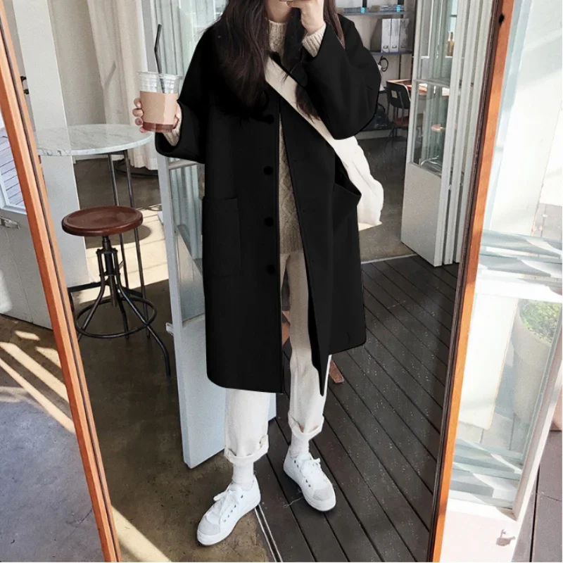 Autumn and Winter New Korean Wool Coat Women's Classic College Style Single Breasted Loose Slim Medium Length Wool Coat