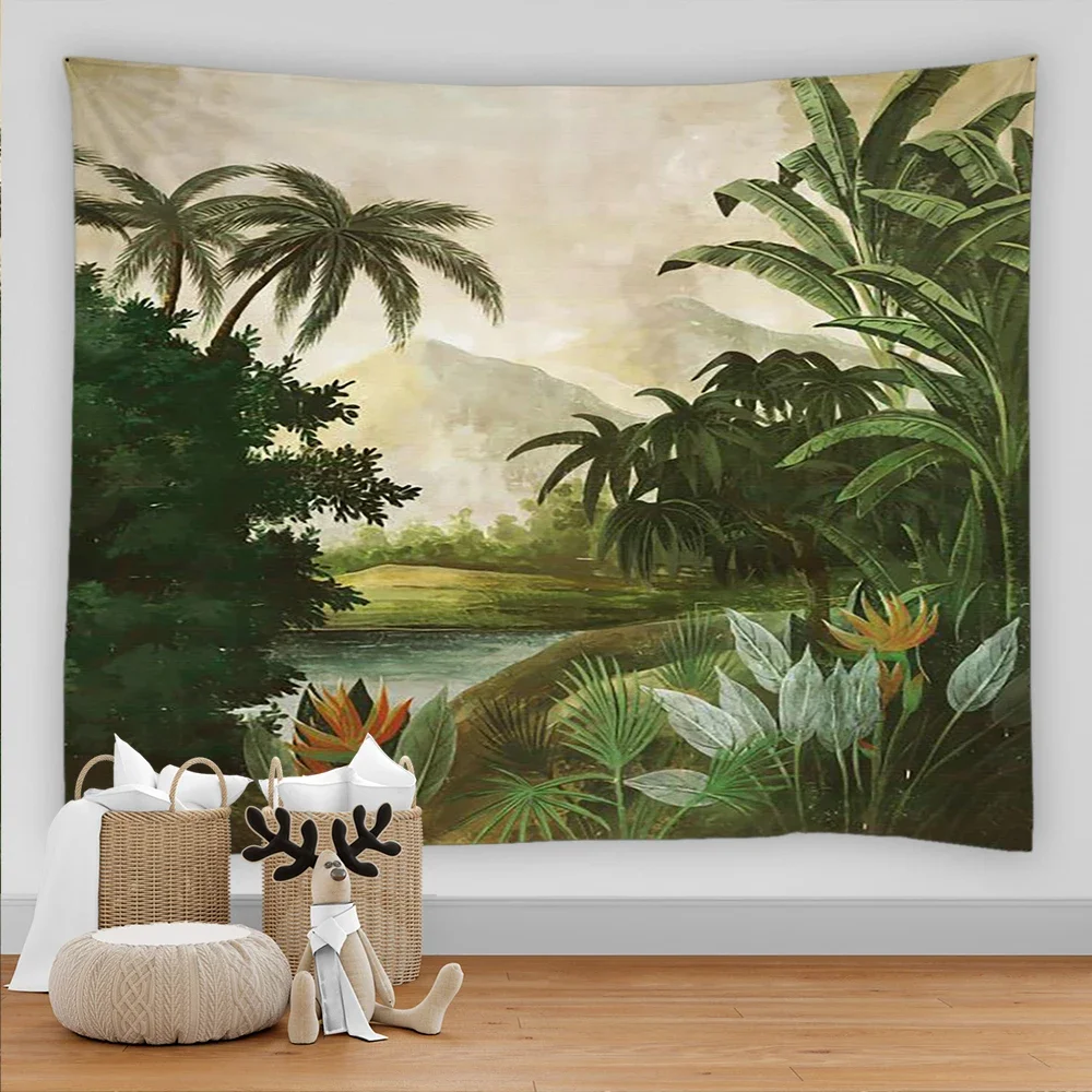 Palm Tree Tapestry Wall Hanging Tropical Leaves Flowers Pattern Beach Wall Tapestry Animal Backdrop Wall Cloth Carpet Tapestries