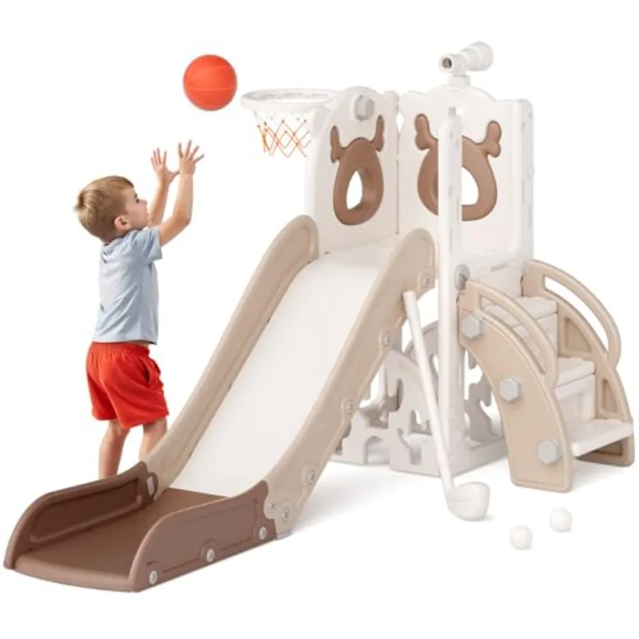 

Горка для малышей 7 в 1, для детей 1-3 лет, в помещении и на открытом воздухе с баскетбольным кольцом, улучшенная гольф, простая сборка, дизайн лося, бежевый, розовый Br