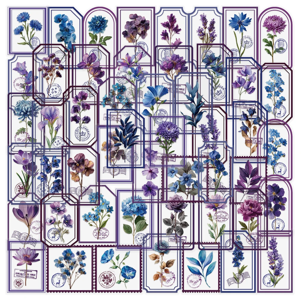 10/30/50pcs Cartoon Purple Flower Stamp Stickers Aesthetic DIY Notebook Phone Guitar Diary Cute Waterproof Graffiti Sticker Pack