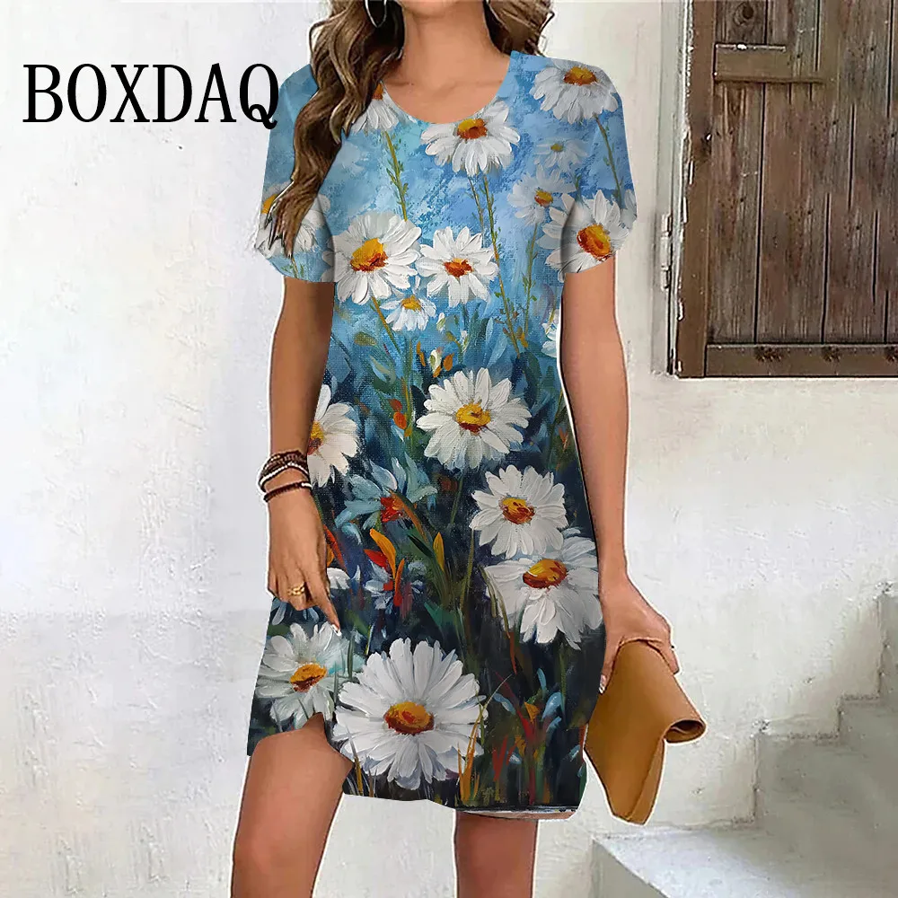 Sroka Flower Vintage Dress Women 3D Print Loose Short Sleeve Dress Summer Retro Pullover Ladies Casual Printed Sundress Clothes