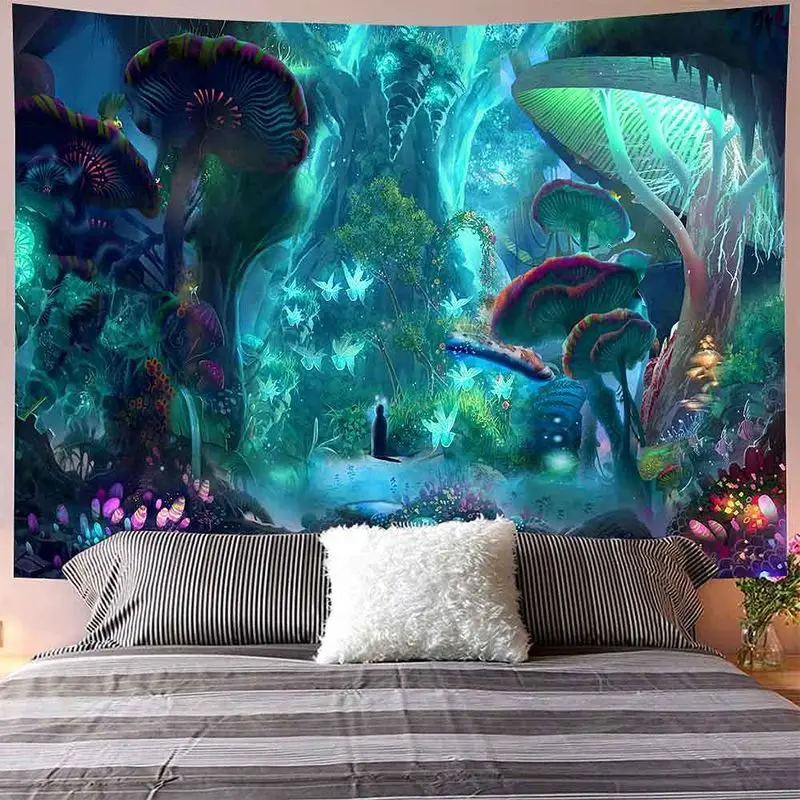 VIKAMA Neon Glow Enchanted Mushroom Forest Tapestry Wall Hanging, Psychedelic Fantasy Art for Living Room Dorm Room Decor