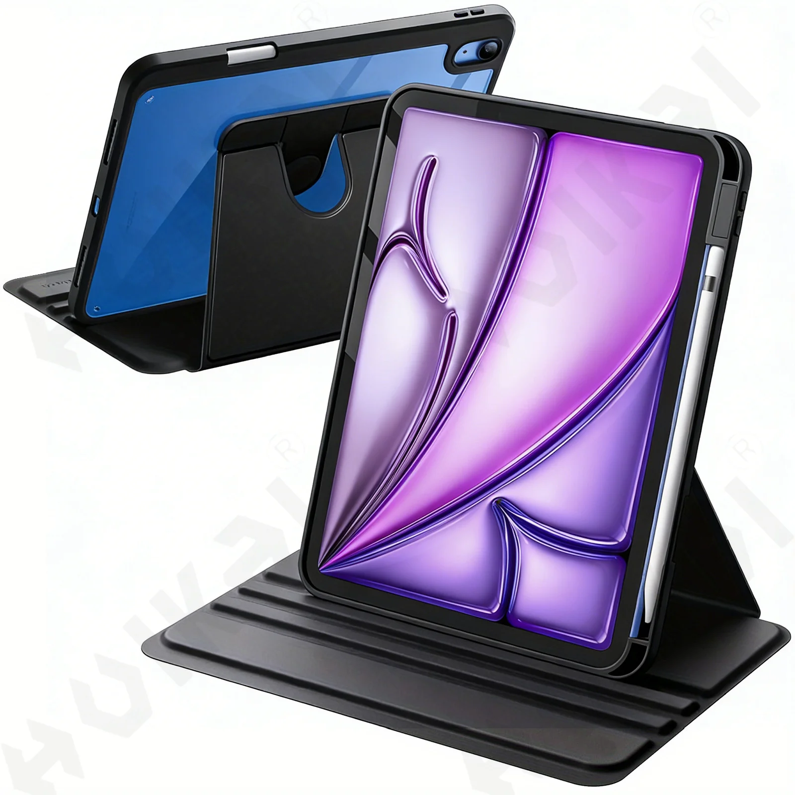 Case For iPad Air 2026 13 11 M4 inch Pen Holder, 360 Degree Rotation Protective Stand Cover Clear Back, Auto Wake/Sleep Cover