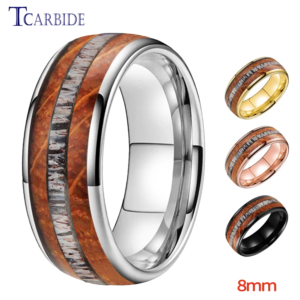 

8mm Dear Antler Whiskey Wood Ring Men Women Tungsten Wedding Band Domed Polished Gentleman Lady Special Gift Jewelry