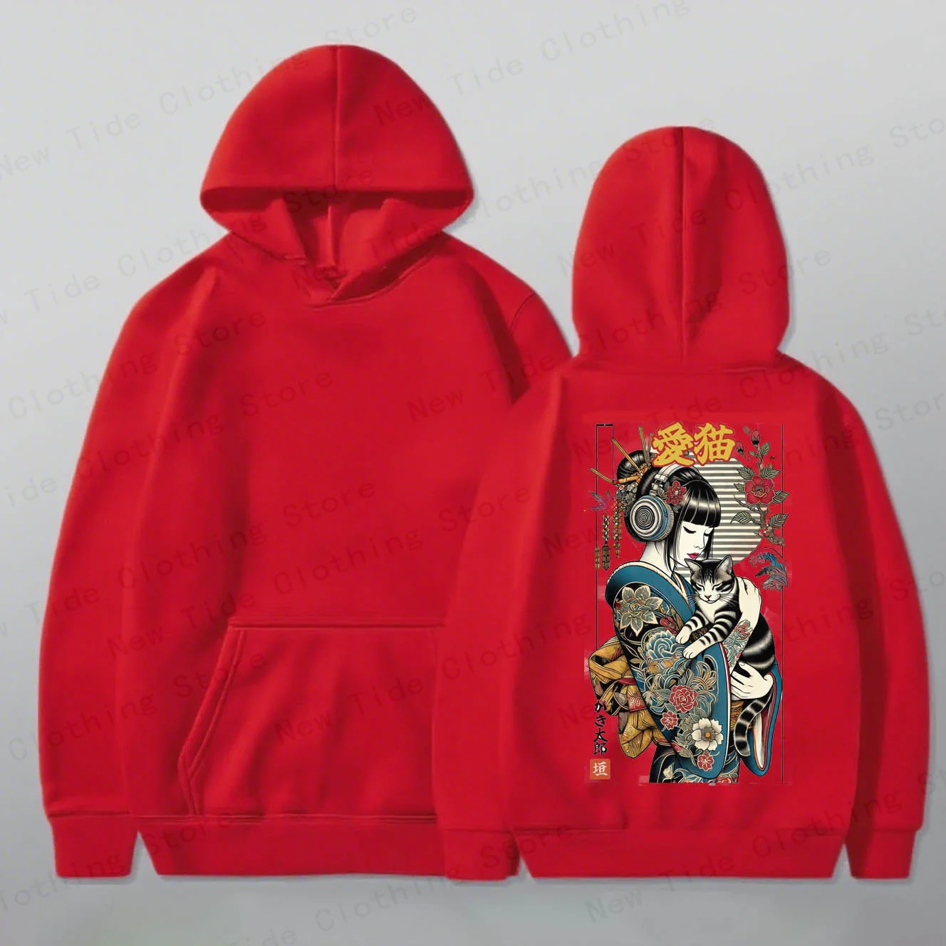 Men's Cotton Hoodie For Autumn Winter Boasting Unique Japanese Geisha And Cat Art For Standout Cold - Weather Wear