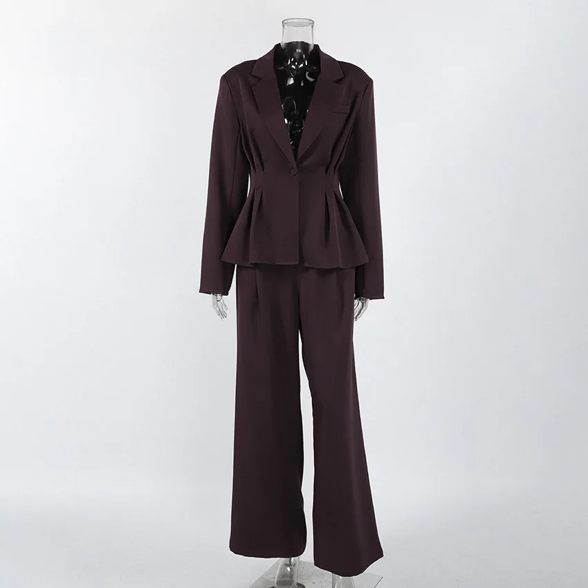 Autunno Inverno Design di nicchia Europeo Americano Profondo scollo a V Manica scollata Vita-Accurante Blazer Pantaloni lunghi Abito da donna in due pezzi