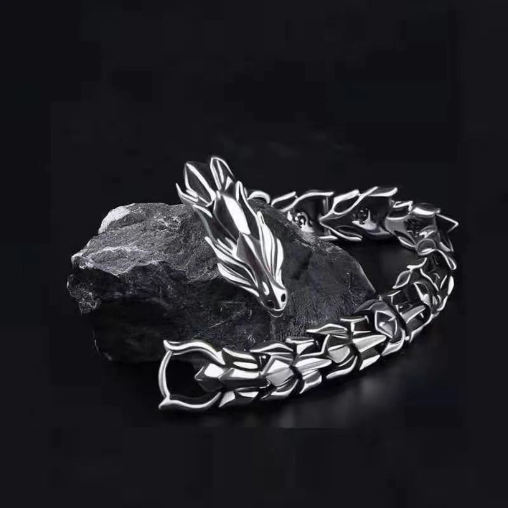 Hip Hop Punk Domineering Keel Dragon Bracelet for Men Retro Scale Pattern Dragon Head Bracelet Fashion Jewelry  Accessories Gift
