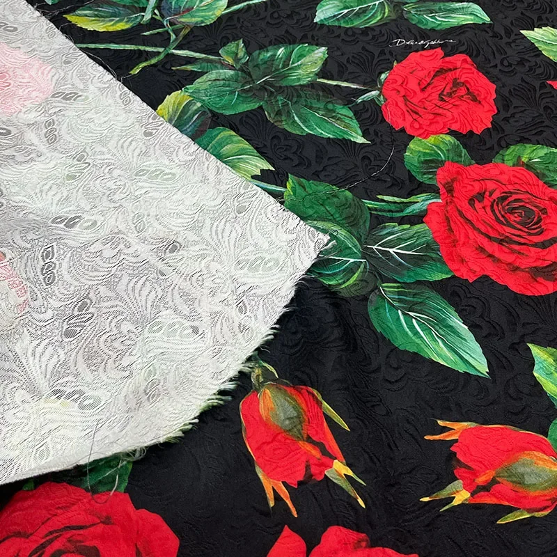 Rose Jacquard Fabric Italian Brand Fashion Design Printing Soft Polyester Satin Fabric Cloth Per Meter Diy Sewing Wholesale