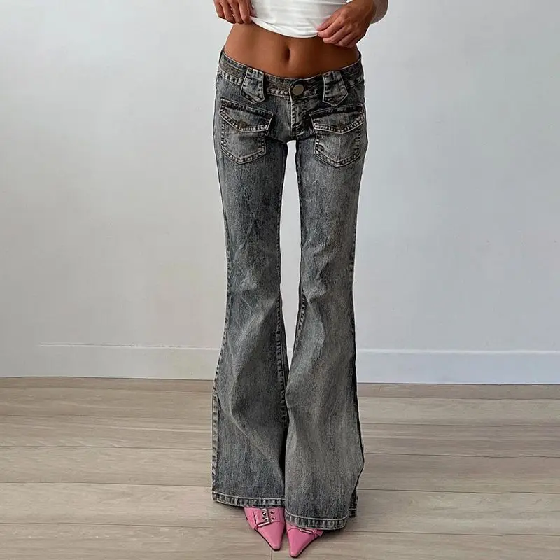 DistMurcia-Jean Bootcut Taille Basse en Denim Délavé Vintage, Pantalon Évasé avec Poches Patchwork, Slim Fit et Polyvalent Slim Fjj