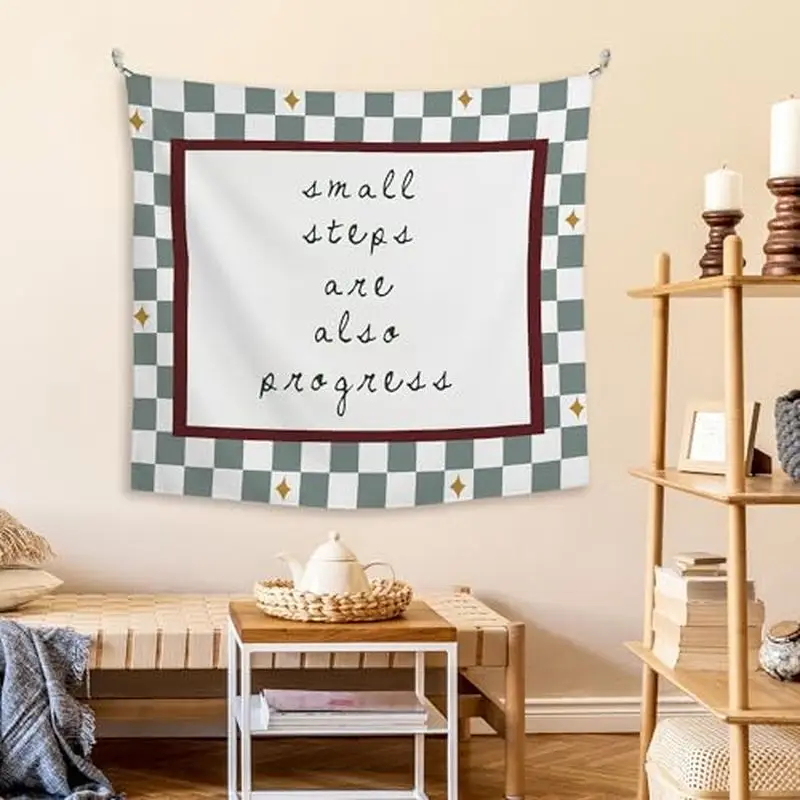 VIKAMA Small Steps Are Also Progress Checkerboard Wall Tapestry Green White Grid Red Frame Handwritten Quote Star Bedroom Living