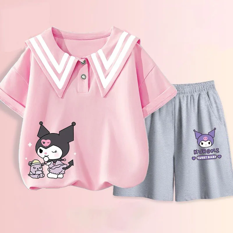 Sanrios Hello Kittys-子供用半袖Tシャツ,カジュアルスーツ,kromi cinnorollコットンTシャツ,ネイビーカラーのTシャツ,プレッピースタイル,夏