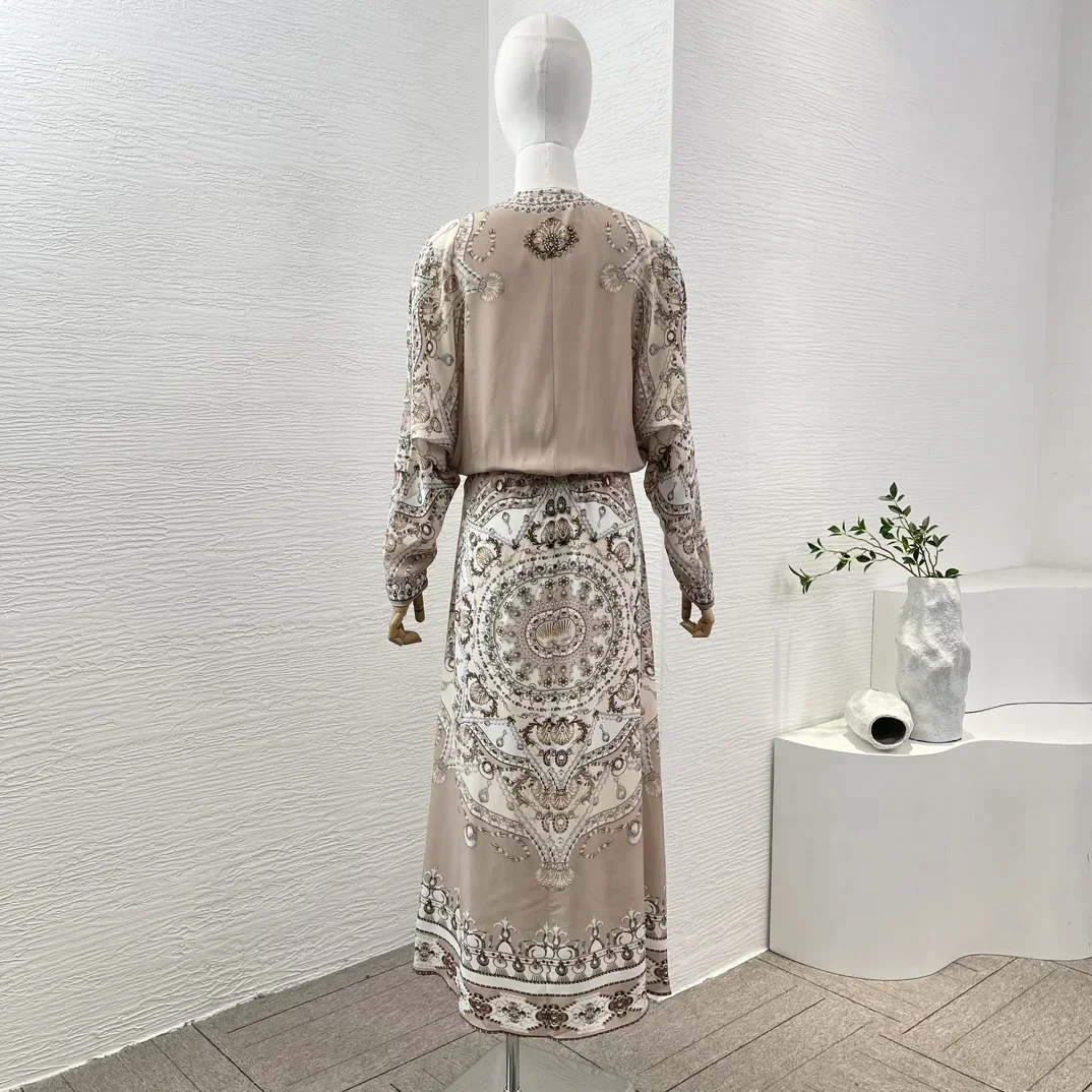 Women High Quality Floral Paisley Print Diamonds Pressed Long Sleeve V Neck Midi Dress