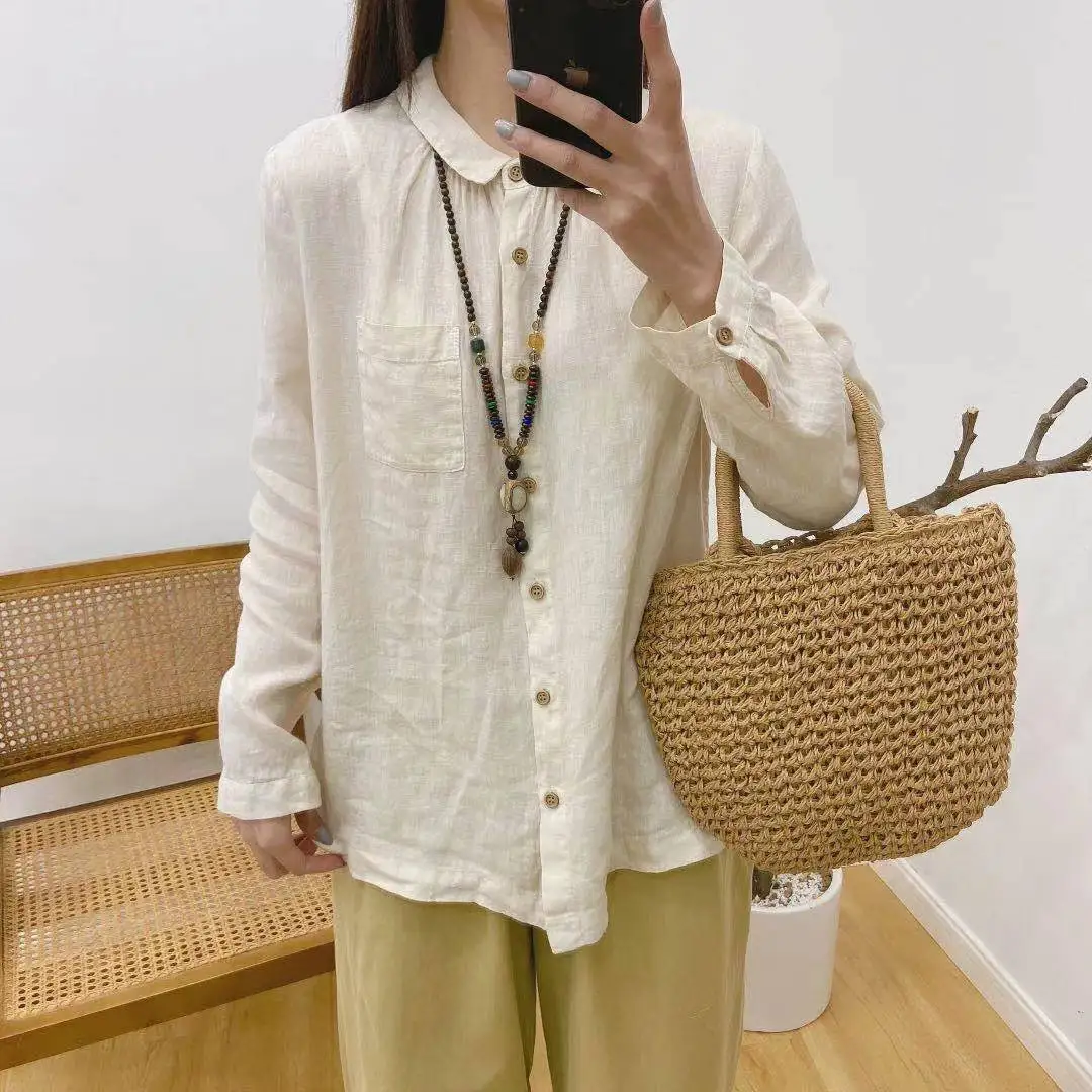 Johnature New Japanese Linen Shirts 2024 Spring Vintage Turn-down Collar Loose 2 Colors Women Blouses