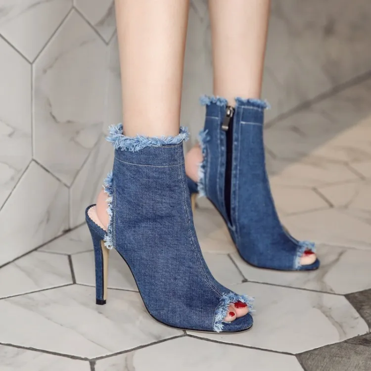 High Heels Women Sandal Summer 2024 Fashion Denim Peep Toe Size Zip Women\'s Sandal Lady Dress Party Shoes