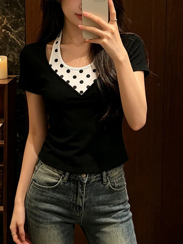 

Slim Fit Short Sleeve T-Shirt Women's Summer New Style Pure Color Splice Hanging Neck Fake Two-Piece Top High Waist Design