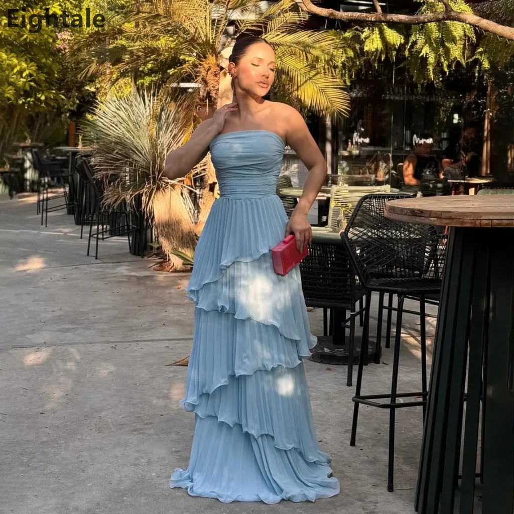 

Eightale 2025 Sky Blue A Line Chiffon Maxi Evening Dress Strapless Ruffles Saudi Arabic Prom Dress Dubai Party Gown Customized