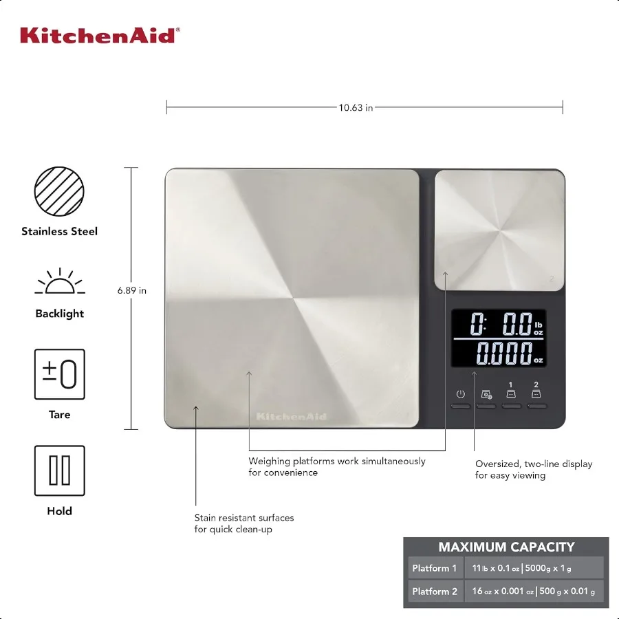 KitchenAid KQ909 Dual Platform Digital Kitchen and Food Scale 11 pound capacity and Precision 16oz capacity Black with Stainl S
