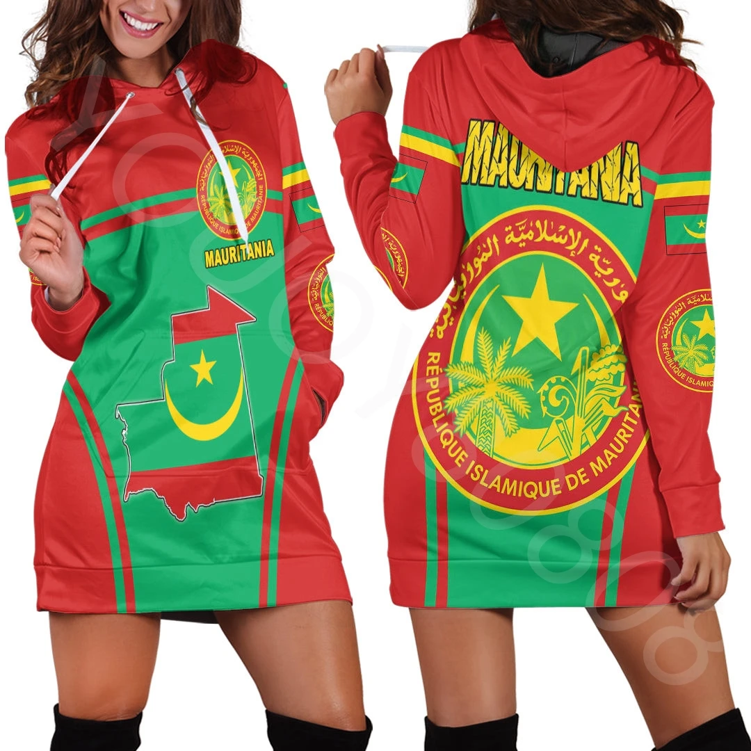 

African Zone Women's Clothing Hoodie Fashion Slim Sweatshirt Dress Harajuku Print - Mauritania Active Flag Hoodie Dress