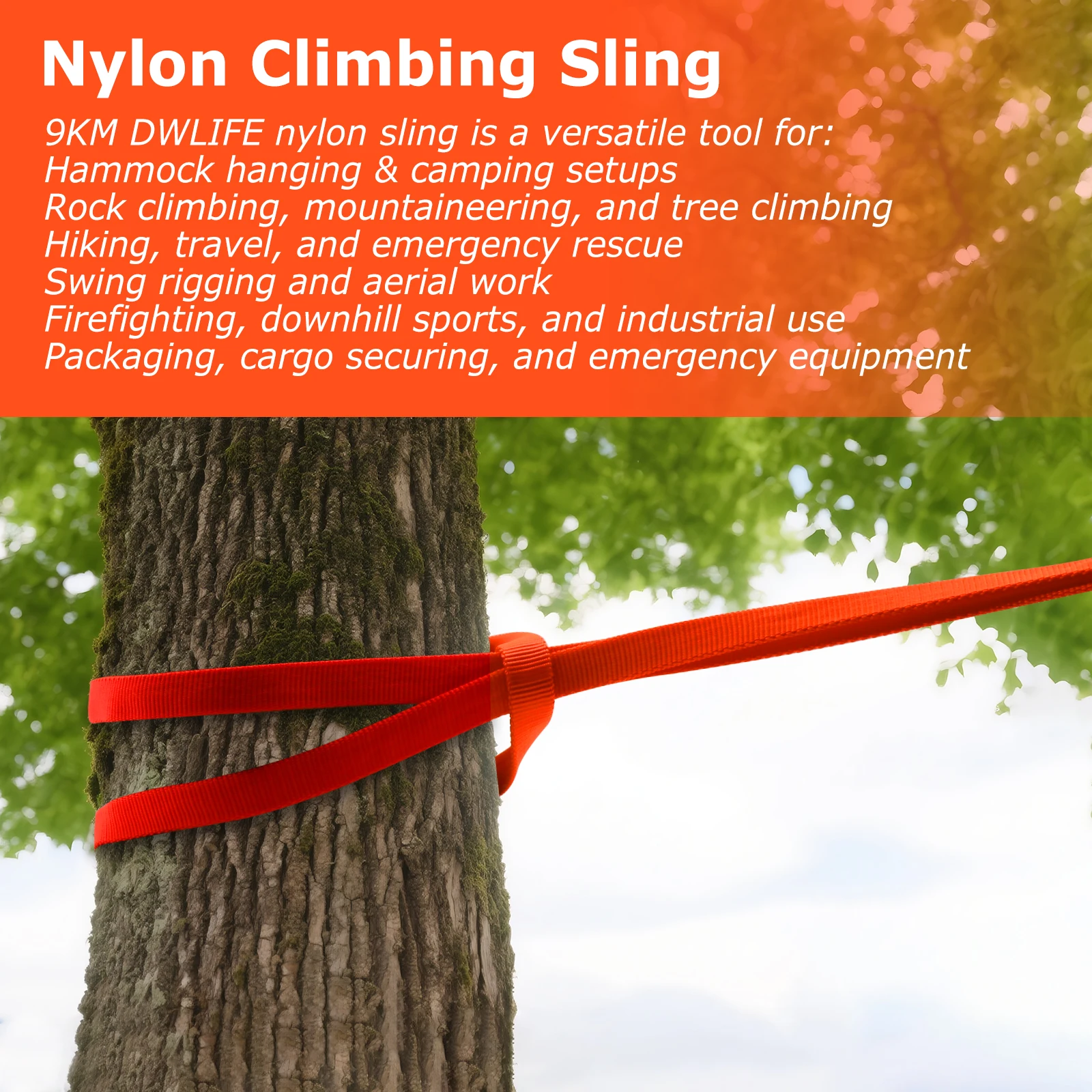 9 km orangefarbener Klettergurt – 16 mm Nylongewebe (12"/24"/48"), 22 kN Stärke für Klettern, Bergsteigen und Anker