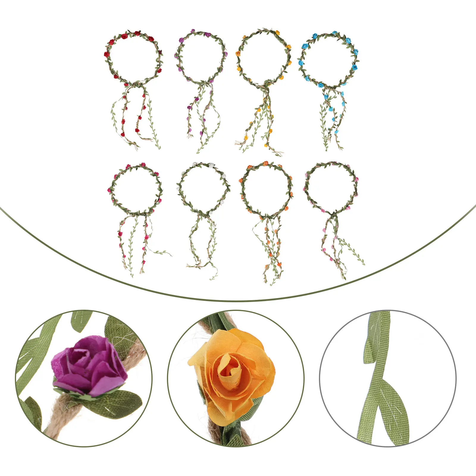 

8Pcs Rose Flower Vine Hand-Woven Braided Hairband Style Hair Accessory Party Headband Lightweight Decorative Hairband