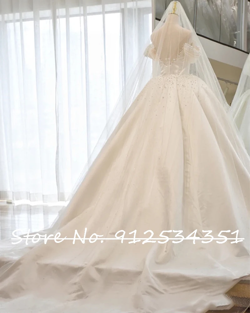 Robe Mariage Satin Vintage Ball Gown Wedding Dress Off the Shoulder Luxury Vestidos De Novia Pearls Zipper Back Trouwjurk