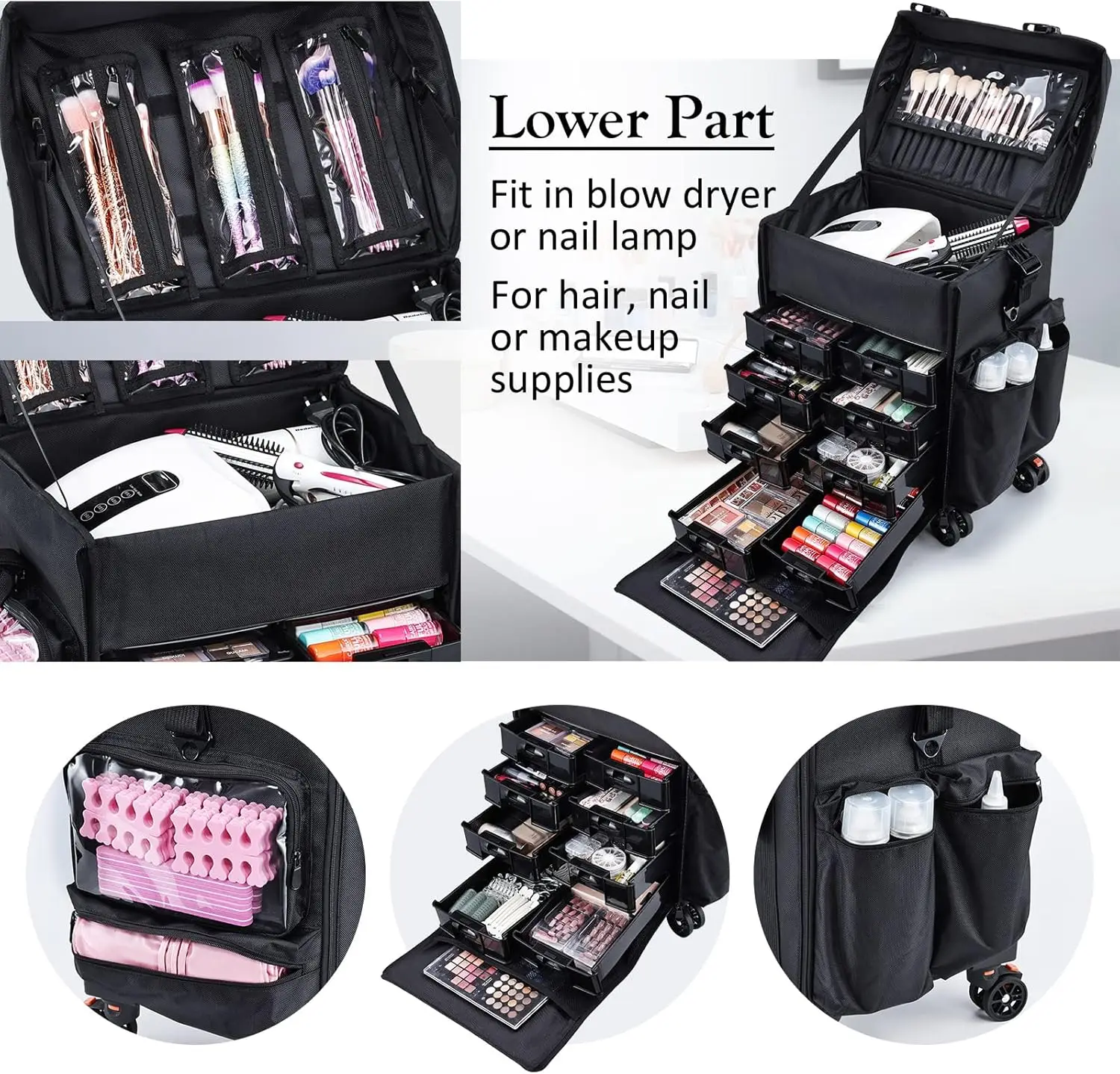 Professional Rolling Makeup Case for Cosmetologists - Portable Wheeled Organizer with Storage Compartments