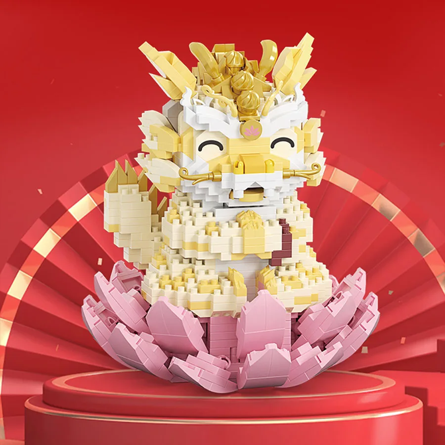 Chinese New Year Style Lion Dance Dragon Year Series Assembling Micro Particle Building Blocks Desktop Decoration Model Toy Gift