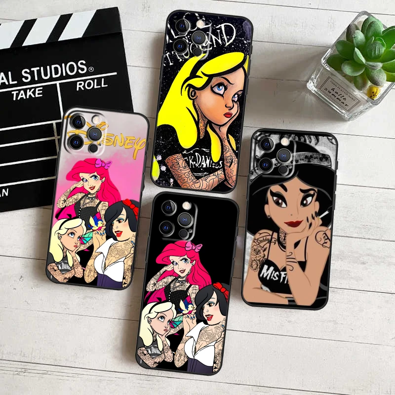 Disney Princess Tattoo For Apple iPhone 15 14 13 12 11 Pro Max Mini XS Max X XR 7 8 6 Plus Black Phone Case