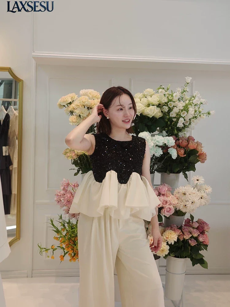 Japanese Summer Sleeveless Tops New Style Elegant Exquisite Sequin Multi-layer Heavy-duty Splicing Fluffy Tank Top for Women