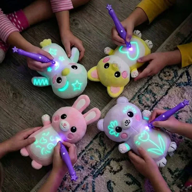New Glow Doodle Plush Toy With Light Pen, Cute Penguin Bunny Bear Stuffed Animal,DIY Educational Drawing Toy,Birthday Christmas