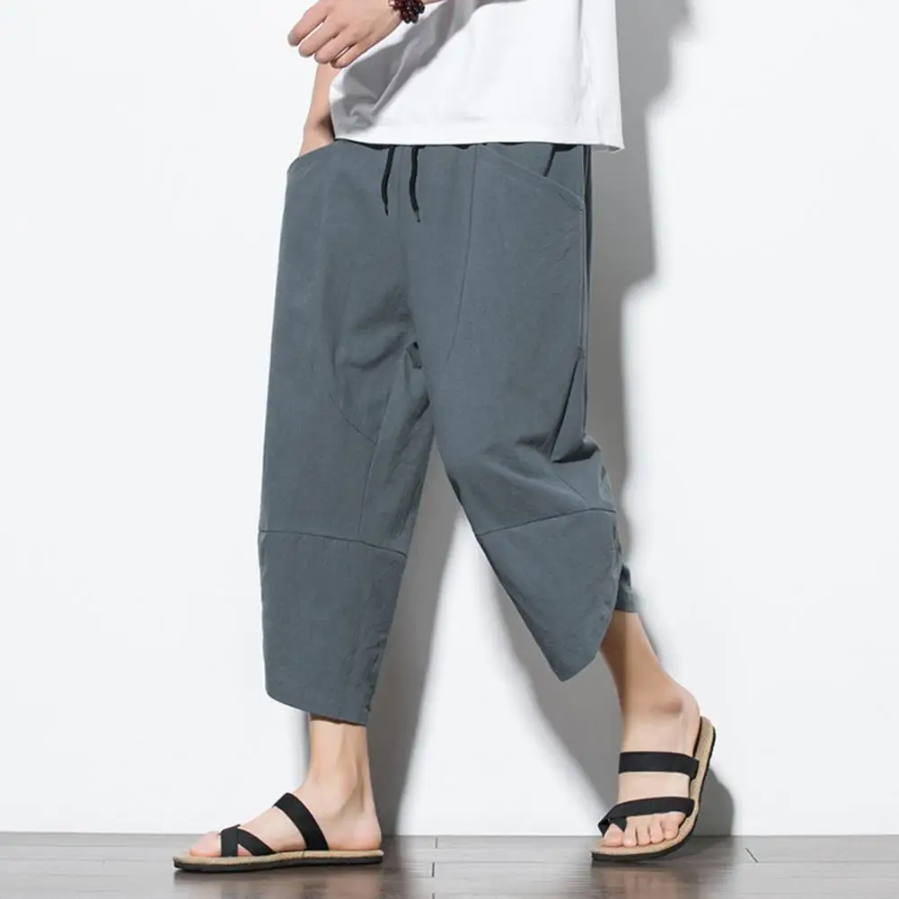 Men Wide Leg Cotton Linen Pants Harajuku Summer Loose Calf Length Harem Trousers Irregular Hem Men Trousers Sports Sweatpants