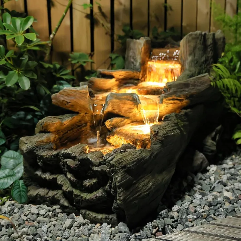 

34.5" L Garden Outdoor Water Fountain, Floor Standing Wood Imitation Resin Natural Waterfall Fountains with LED Lights for Patio