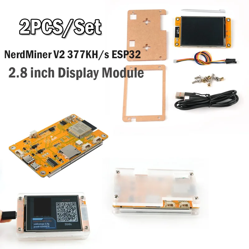 2 個/セット NerdMiner V2 377KH/s ESP32 開発ボードモジュールドライバー 2.8 インチタッチスクリーンディスプレイ + アクリルケース ESP32-2432S028R