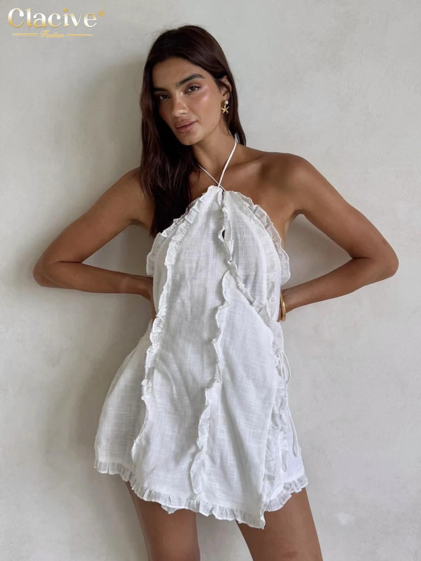 

Clacive Summer Loose White Cotton Women's Dress Sexy Halter Sleeveless Mini Dresses Lady Elegant Backless Ruffles Female Dress