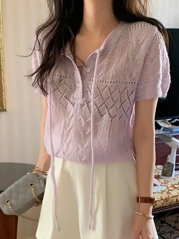  Collar Hollow out Floral Knitwear Summer New Sle Agel Tie Waist Thin Top for Women Quali Faionable Sweater