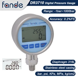 FANDESENSOR Manometer Genauigkeit 0,2 % Manometer Edelstahl LCD-Hintergrundbeleuchtung Display Temperaturmessung für Öl Wasser Kraftstoff