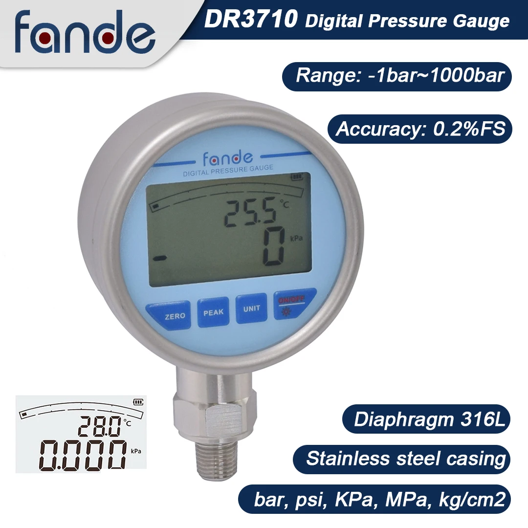 Fandesensor-manômetro de Precisão 02 Manômetro Retroiluminação Lcd Medida de Temperatura para Óleo Água Combustível Aço Inoxidável